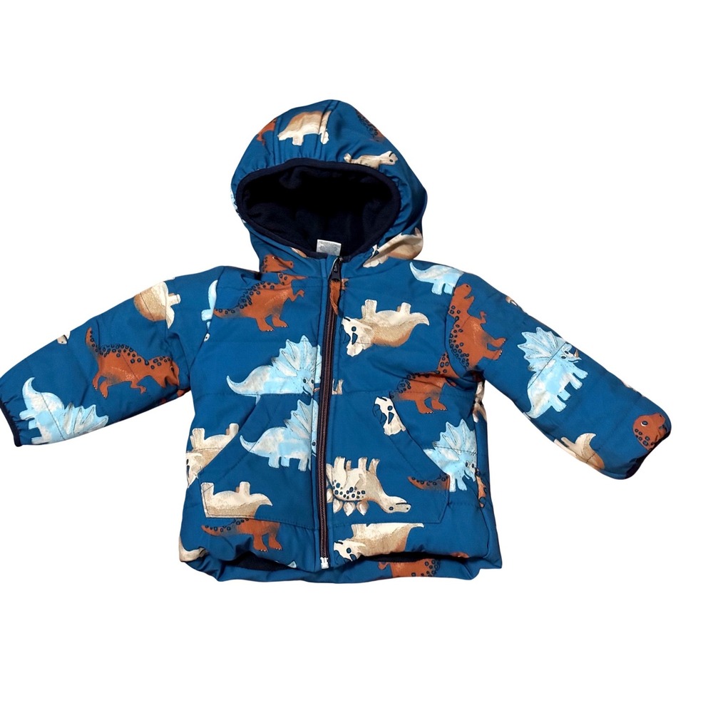 Brooklyn Boys Blue Dinosaur Puffer Jacket Fleece Lined Hooded Coat 12M